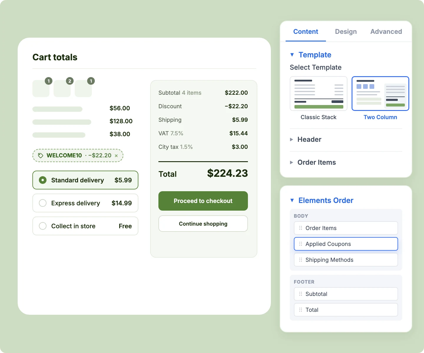 Divi WooCommerce Cart Totals Classic Stack and Two Column Templates